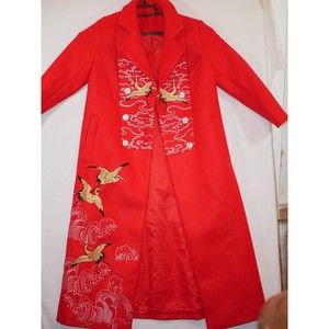 Beautiful Girls XXL Red Polyester Wool Trench Coat Embroidered Cranes Clouds